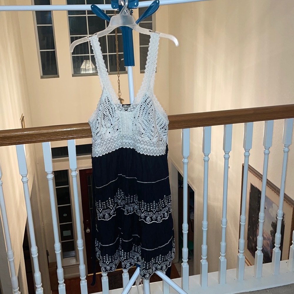 Beautiful Boutique black white crochet top embroidery dress with tie straps sz L